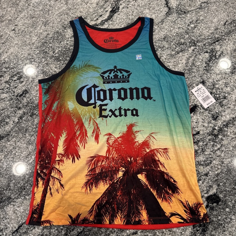 Corona Extra Beer Cerveza Tank Top w/ Sunset Palm Trees Ocean Men's L #237‎